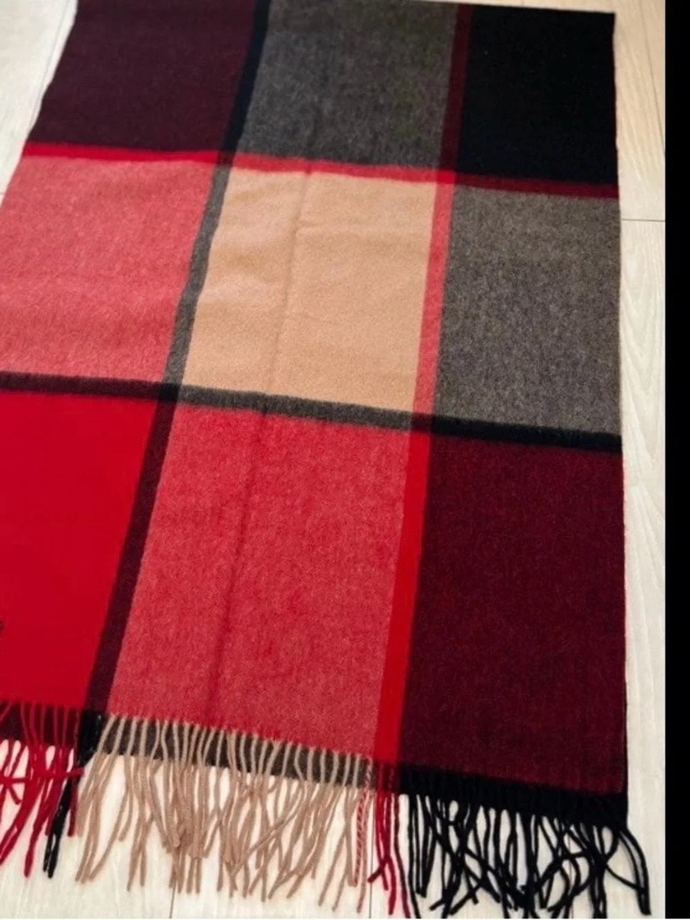 Red Plaid Wool Scarf - Classic Check Design